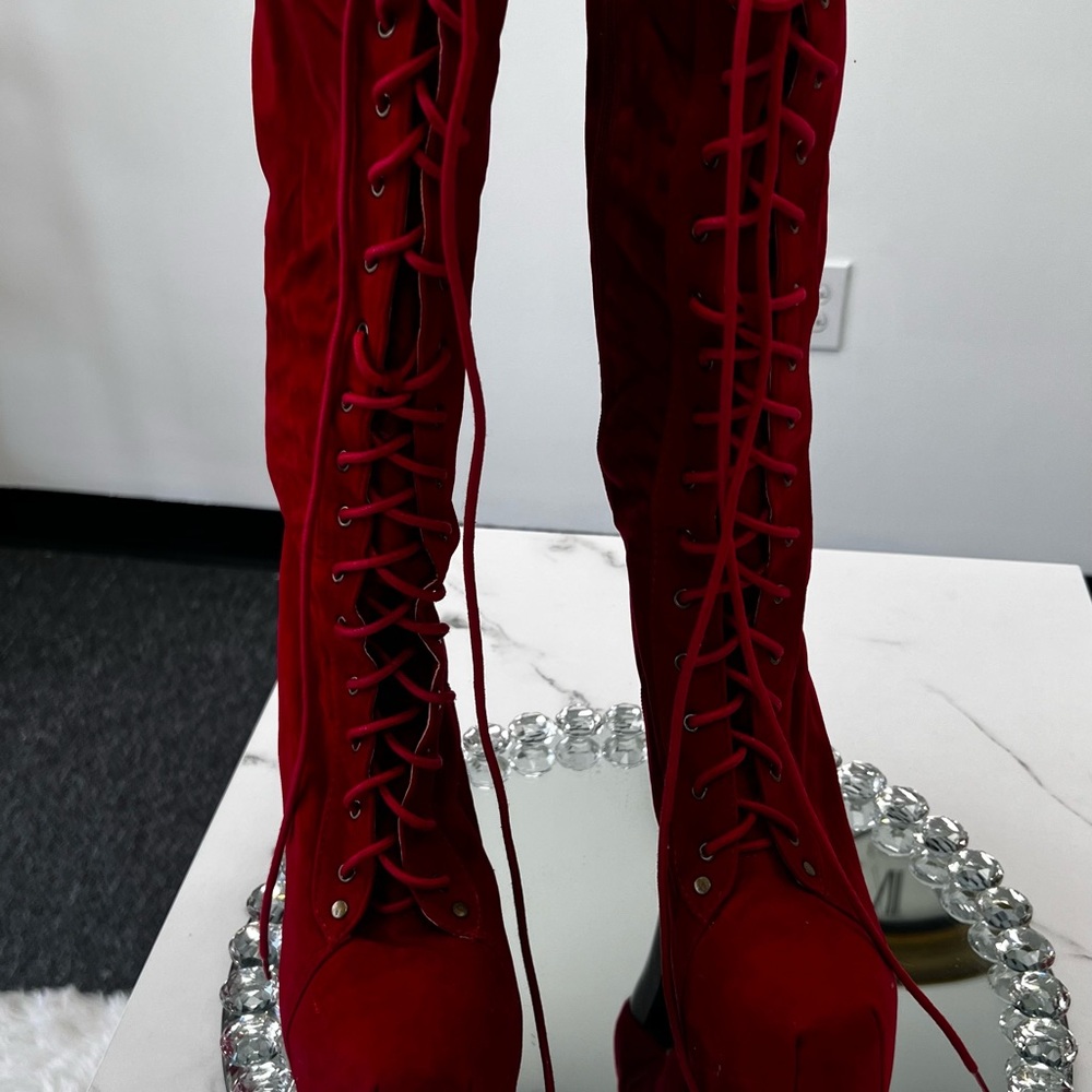 HOT GIRL RED SUEDE LACE UP CHUNKY WOOD HEEL CALF LENGTH BOOTS